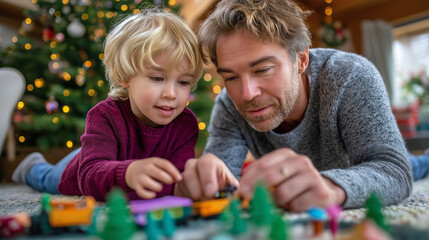 Father and son assembling a toy train set under the tree, soft carpet scene, Christmas, toy train, father, son, family, tradition, play, holiday, bonding, nostalgia, with copy spac