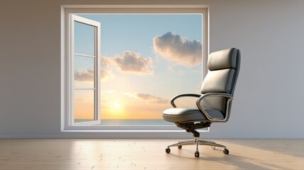 A sleek office chair sits by an open window, revealing a serene sunset over the ocean, blending comfort and tranquility in a workspace.