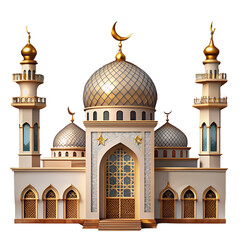 Fototapeta premium A beautiful mosque isolated on transparent background, with golden domes and minarets, showcasing intricate islamic architecture and design, perfect for ramadan and eid celebrations