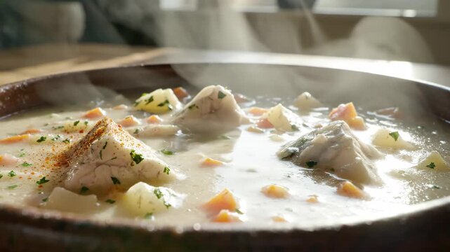 Steaming creamy chowder simmering in rustic kitchen pan.
