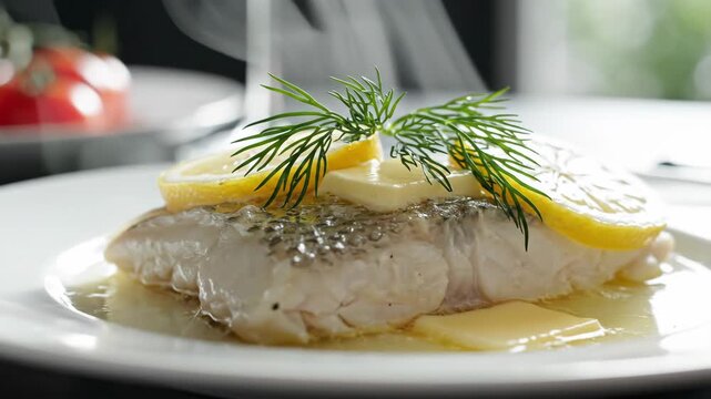 Steaming fish fillet plated with lemon slices and fresh dill.