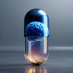 Futuristic blue brain inside transparent capsule symbolizing intelligence, nootropics, innovation and medical research, ideal for science, technology and health concepts