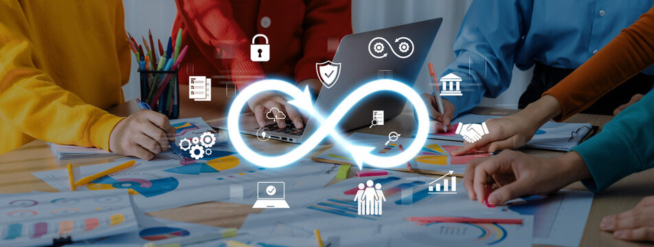 Dynamic workspace featuring diverse team collaboration on creative projects, enhanced by digital icons symbolizing innovation and strategic planning in business environments. Trope