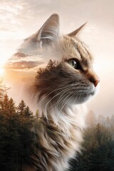 Artistic double-exposure image blending cat profile with forest landscape at sunrise, creating a serene and dreamy nature-inspired visual with soft warm tones