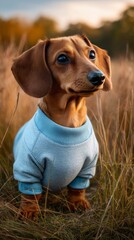 Adorable dachshund wearing a blue sweater while standing in a golden autumn field with soft evening sunlight