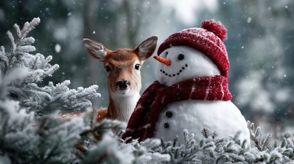 Snowman and gentle deer standing together in a snowy enchanted forest, creating a magical Christmas holiday atmosphere