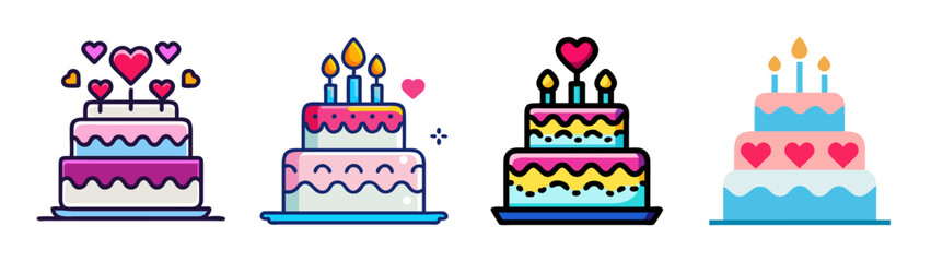 Four festive tiered cakes decorated with hearts candles and romantic embellishments