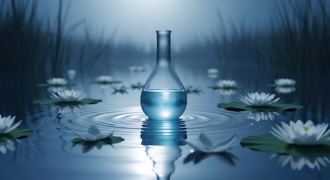 Conceptual serenity featuring lab flask in a water lily pond, ideal for science, wellness, skincare. Perfect for zen moments, relaxation, research and purity themes.