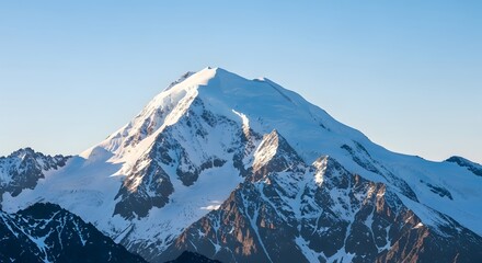 Obraz premium Majestic Peak: A snow-covered mountain peak, a testament to nature's grandeur, stands tall against a pristine blue sky, showcasing the raw beauty and power of the mountains.