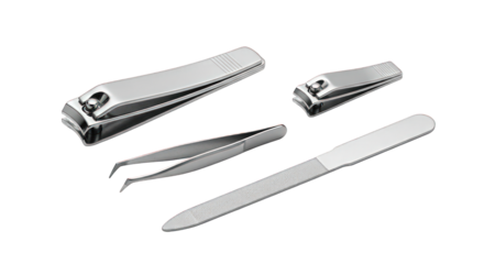 Set of stainless steel manicure tools on transparent background