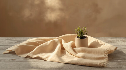 Minimalist Wellness Scene Soft Ivory Linen Fabric Baby's Breath Flowers Potted Succulent - Eco-Friendly Sustainable Living Natural Beauty Photography Earthy Tones Backdrop
