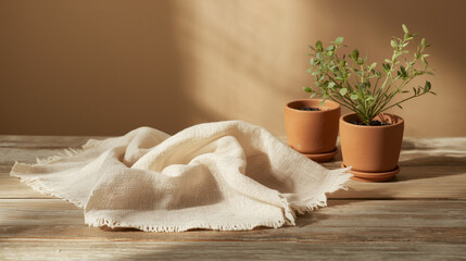 Tranquil Bohemian Home Decor Styling Beige Cotton Textile Small Houseplant Wooden Surface - Clean Beauty Brand Mockup Zen Lifestyle Concept Soft Focus Natural Light