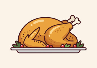 Festive holiday roasted turkey with cranberry garnish illustration.