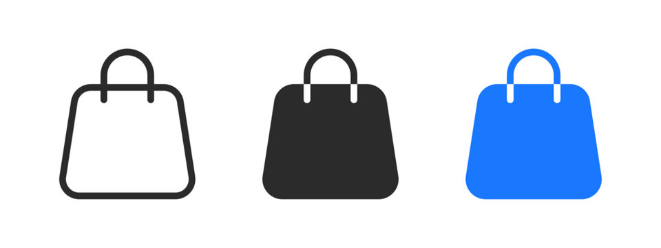Shopping Bag Icon in Outline, Solid, and Filled Styles. This vector design showcases a versatile shopping bag symbol, ideal for e-commerce, retail, and digital applications.