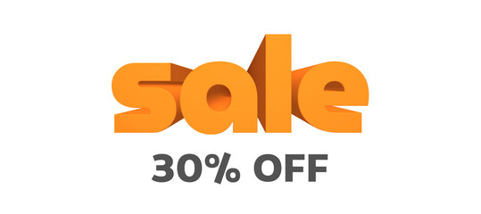 sale 30% off, orange 3d letters on white background, 3d rendering