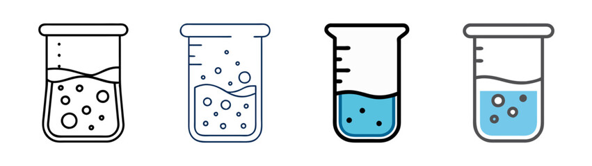 Four different beakers filled with liquid and bubbles representing science experiments