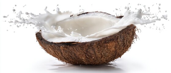The Coconut Half Splashing Fresh Milk on White Background with Droplets