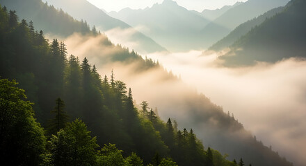 Misty Mountains - A Serene Landscape of Forest and Fog.