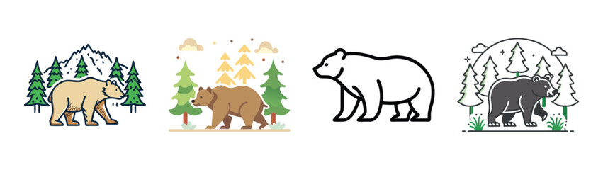 Four bear forest scenes with artistic styles and wildlife imagery