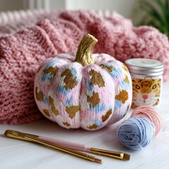 Hand knitted decorative pumpkin with yarn and needles on cozy background, autumn craft concept for diy, handmade decor, seasonal creativity and hobbies