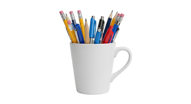 Mug filled with colorful pencils and pens on transparent background - Powered by Adobe