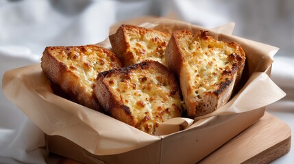 Warm cheesy garlic bread slices served in a rustic paper box, ideal for comfort-food photography, bakery menus, recipe blogs, cozy dining visuals, and delicious snack imagery