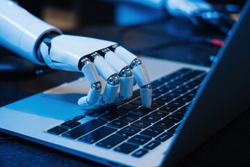 Close up of a robot hand typing on a laptop keyboard with a blue light illuminating the scene