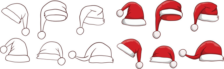 Set of santa claus hats isolated on white background in different styles