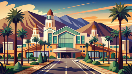 Very beautiful, Cathedral City's Civic Center near Palm Springs, California, modern architecture, landscaped plazas, palm trees, sunny skies, serene surroundings, and scenic urban civic space in the 
