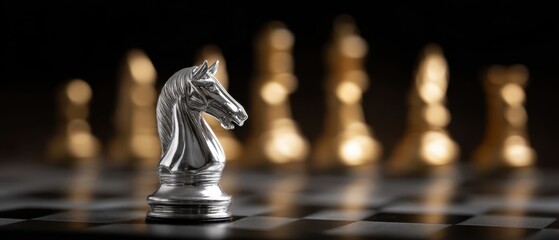 The Knight Chess Piece in Focus with Blurred Opponents on Chessboard