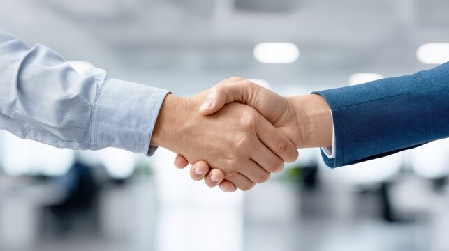 A close-up of two hands shaking in a business environment, symbolizing agreement, partnership, or collaboration.
