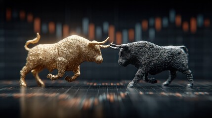 Bull vs Bear: Two formidable bull statues, symbolizing market forces, face off against a dynamic graph backdrop. Depicting the essence of the financial world's ebb and flow.