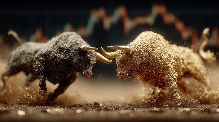 Raging Bulls: The fierce intensity of financial market competition captured, as two powerful bulls clash, their forms sculpted in contrasting hues of gold and dark steel.