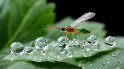 Naklejka premium A close-up of a tiny insect perched on a leaf, surrounded by droplets of water, showcasing intricate details and vibrant colors.