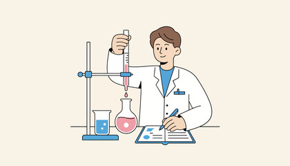 Obraz premium Scientist wearing a lab coat dropping liquid from a pipette into a flask, performing a chemical experiment in a laboratory, and writing notes in a journal