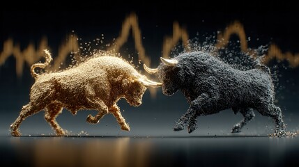 Market Bulls Clash: A dynamic visualization of financial markets, featuring two stylized bulls locked in a symbolic struggle, against a backdrop of fluctuating market trends.