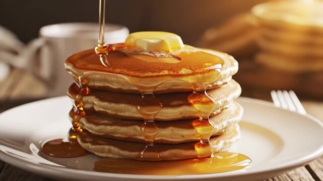 Maple syrup pouring over fluffy pancake stack.