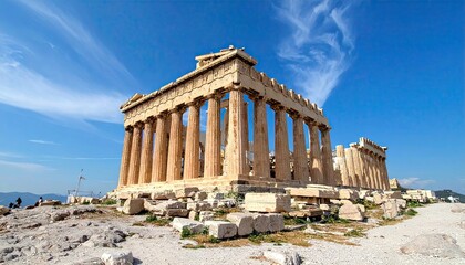 Parthenon at Acropolis Hill in Athens Greece with Blue Sky and White Marble Ruins