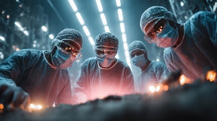 Surgical Team at Work: A skilled surgical team, focused and determined, collaborates in the sterile environment of an operating room, illuminated by futuristic lighting.