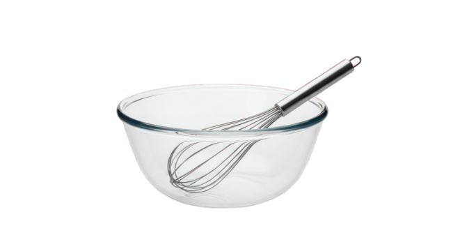 Glass bowl with whisk on transparent background