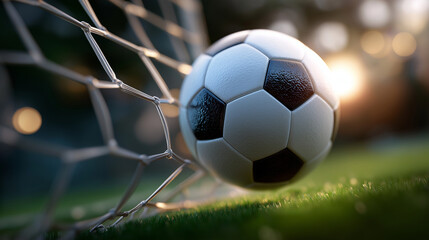 Fototapeta premium Dynamischer Fußball zerreißt Tornetz mit kraftvoller Bewegung im Stadionlicht