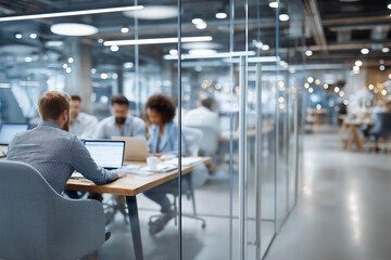 Group of diverse professionals collaborating in a modern office space, with glass partitions and contemporary furniture, showcasing teamwork and innovation in a vibrant environment