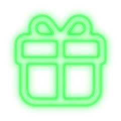 Green neon gift package icon with luminous ribbon representing sustainable holiday present and festive cheer