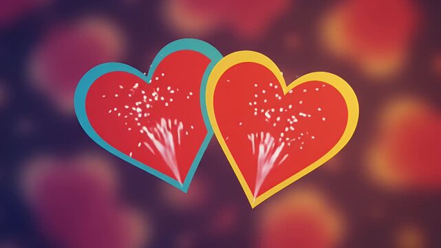 Two stylized red hearts with colorful outlines, each featuring white sparks rising from bottom, over blurred background