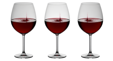 Three elegant clear glass wine goblets with vibrant ruby red wine, subtle ripples and 'legs', arranged on a seamless transparent background, 45-degree angle view. Luxury wine product advertising