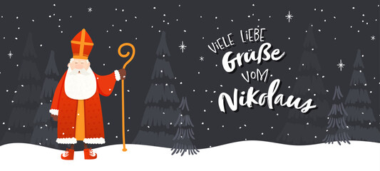 Lovely drawn Nikolaus character, text in german saying "Greetings from St. Nikolaus" - great for invitations, banners, wallpapers, cards - vector design
