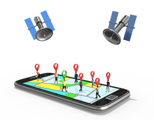 3d Smartphone mit Stadtplan, Karte und Menschen mit Standortbestimmung und Route durch GPS Satelitten, freigestellt auf transparenten Hintergrund

