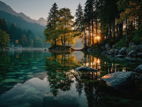 A cinematic perspective of sunrise through forest trees near the lake