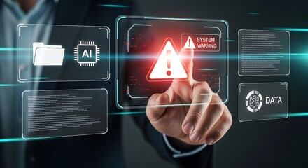 Hand touching a digital interface displaying a warning sign, ai, data, and code, representing cybersecurity and system alerts
