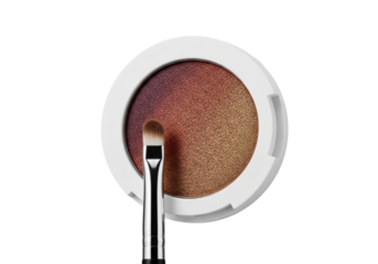 Luxury shimmer eyeshadow in a circular pan at 45-degree angle, iridescent gradient from reddish-brown to metallic gold, clean blending brush poised, on transparent with no shadows. Concept of high-end